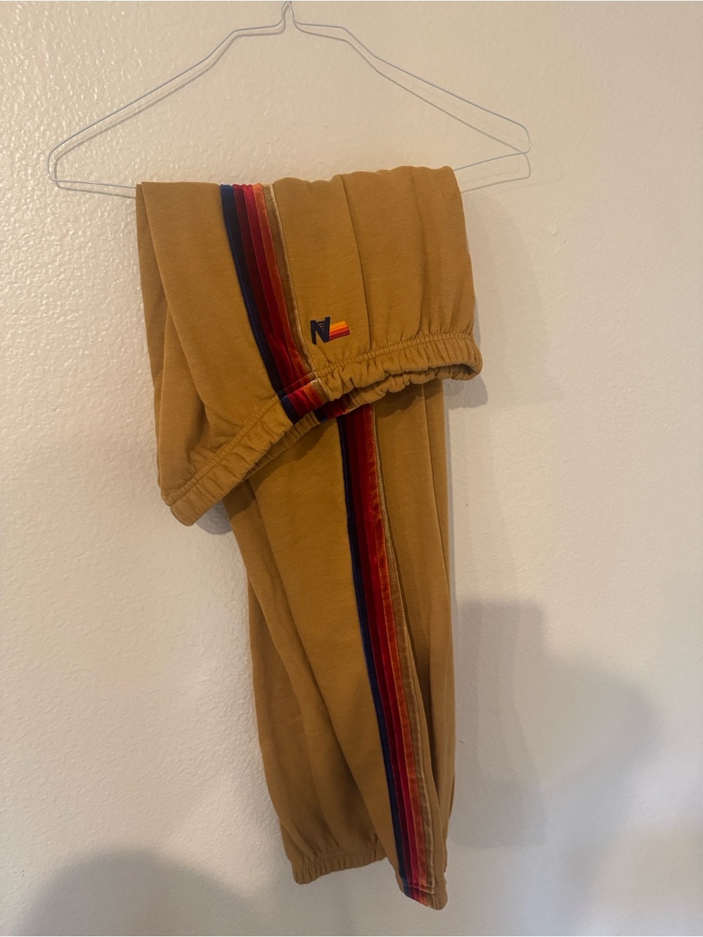 XL Aviator Nation Mustard Joggers with velvet Rainbow Side Stripes